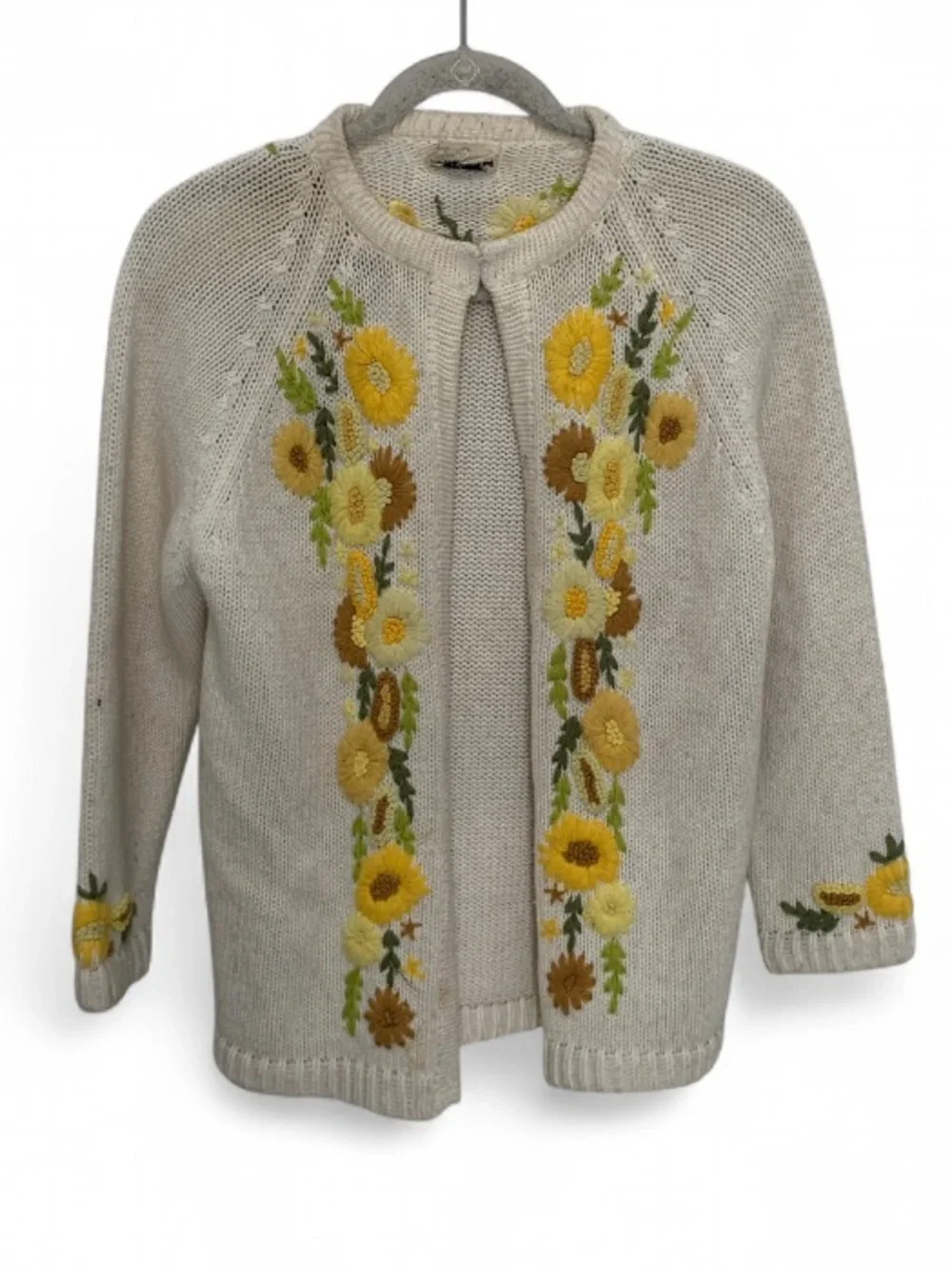 Vintage Cream Floral Embroidered Open Front Cardigan Sweater - Picture 1 of 9